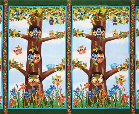 Colorful Panel Owl Tree Leaf Fabric Quilting Treasures Owl In The