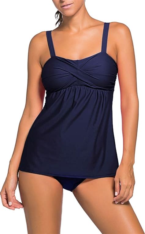 Damen Tankini Bikini Bademode Badeanzug Träger Uni Polster Zweiteiler Slip Top Navy