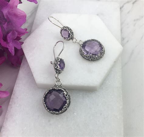 Amethyst Double Drop Earrings Solid 925 Sterling Silver Natural Purple Amethyst Gemstones