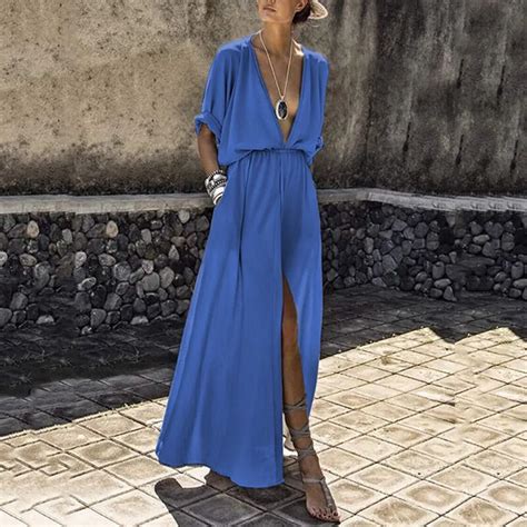 Sexy Women Deep V Neck Split Dress Casual Half Sleeve Maxi Loose Solid Sweetwear Empire Summer