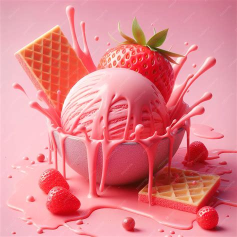 Premium Ai Image Strawberry Ice Cream Melting On Pink Wafer