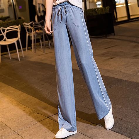 Tencel Wide Leg Pants Women Blue Denim 2019 New Summer Elastic Waist