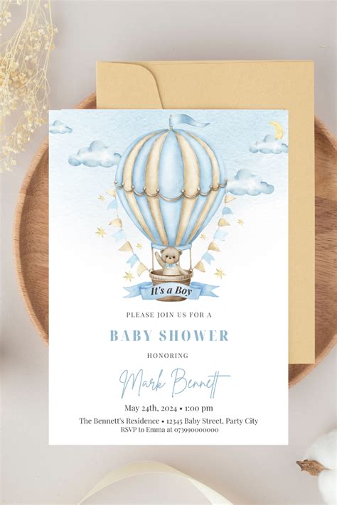 Editable Teddy Bear Hot Air Balloon Boy Blue Bear Theme Baby Shower Invitation