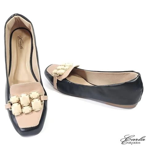 Sapatilha Mocassim Preta Nude Pedraria Numeração Especial Carla Calçados