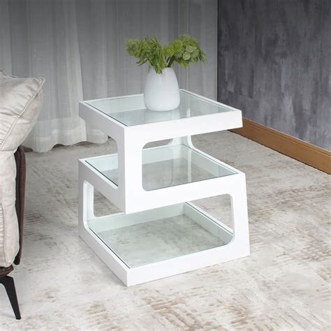 Modern Glass Side Table With Tiers S Shaped End Table In White