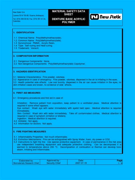 Material Safety Data Sheet Denture Base Acrylic Polymer 1