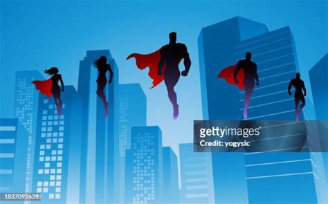 Vector Silhouette Of Superhero Team Flying Floating In A City Stock