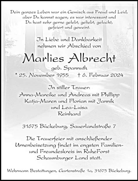 Traueranzeigen Von Marlies Albrecht Trauer Anzeigen De