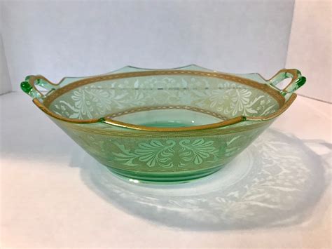 1930 S Elegant Glass Bowl Green Etched Glass Gold Etsy