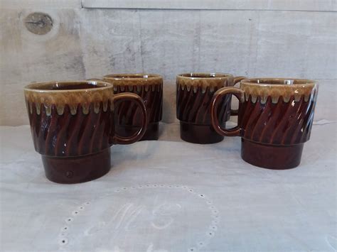 Set Of 4 Vintage Brown Drip Made In Japan Stacking Mugs Retro Coffee