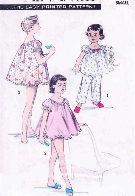 1950s Lovely Girls Baby Doll Pjs Pajamas Pattern Advance 8225 Sweet