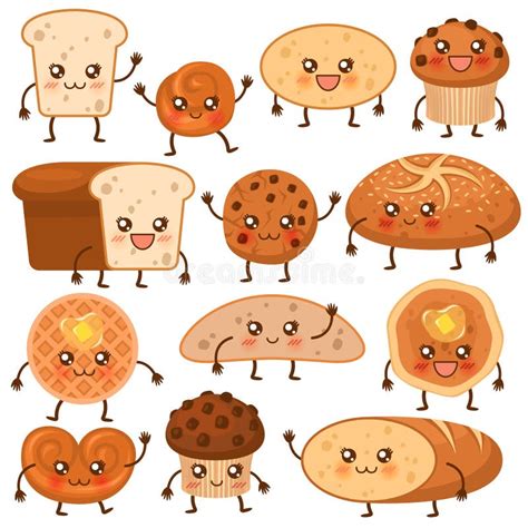 Bread Characters Funny Tasty Bakery Pastries Cartoon Happy Breads