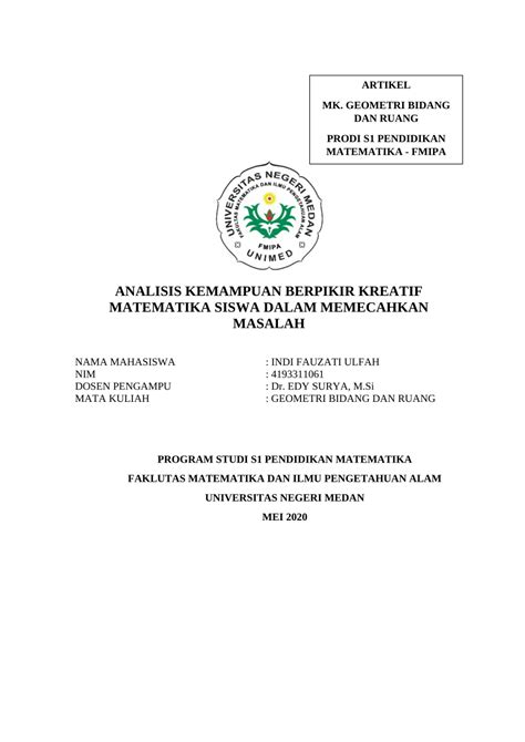 Pdf Analisis Kemampuan Berpikir Kreatif Matematika Siswa Dalam Memecahkan Masalah