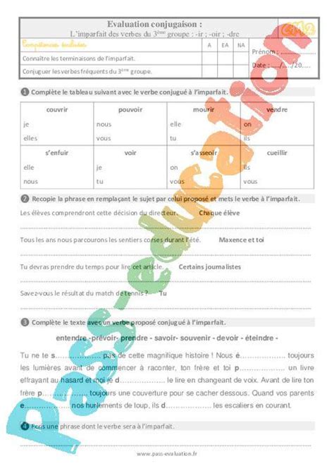 Evaluation Avec Le Corrig Pour Le Cm Limparfait Des Verbes Du Me