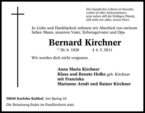 Traueranzeigen Von Bernard Kirchner Trauer In NRW De