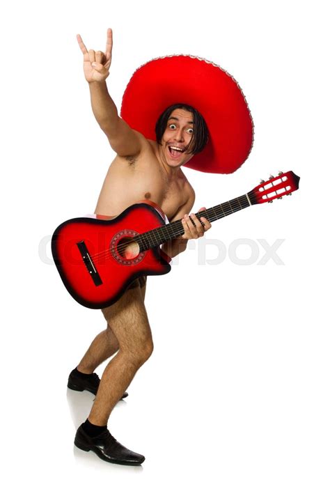 Nude Man With Sombrero Playing Guitar On White Stock Image Colourbox