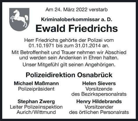 Traueranzeigen Von Ewald Friedrichs Nordwest Trauer De