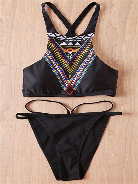 [21 Off] 2021 Fashionable Halter Printed Bikini Set In Black Zaful