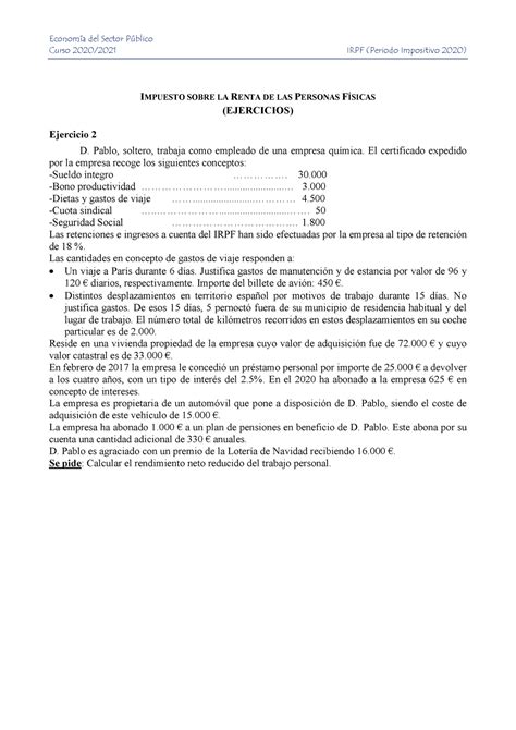 Ejercicios resueltos IRPF Ejercicio 2 docencia Economía del Sector