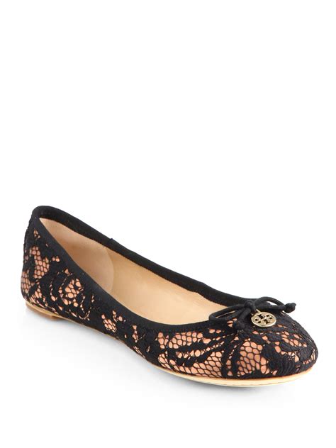 Tory Burch Chelsea Lace Covered Silk Ballet Flats In Nude Black Black