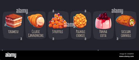 Set Of Delicious Italian Desserts Isolated On Black Background Vector Cartoon Illustration Of