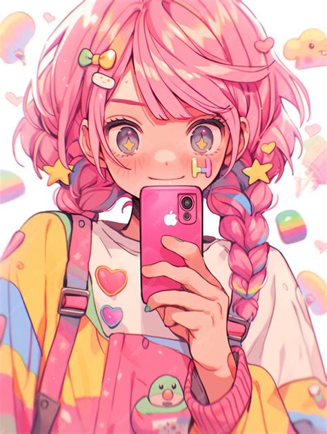 Premium Photo Anime Girl With Pink Hair Holding Up A Pink Phone