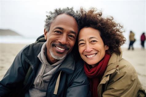 Pareja De Caricias De Mediana Edad Disfrutando Del Tiempo En La Playa