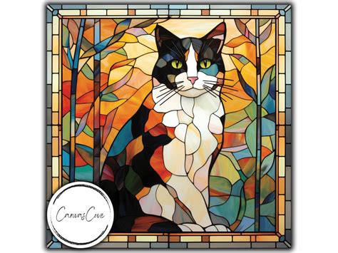 Stained Glass Cute Calico Cat Stained Glass Sublimation Designs