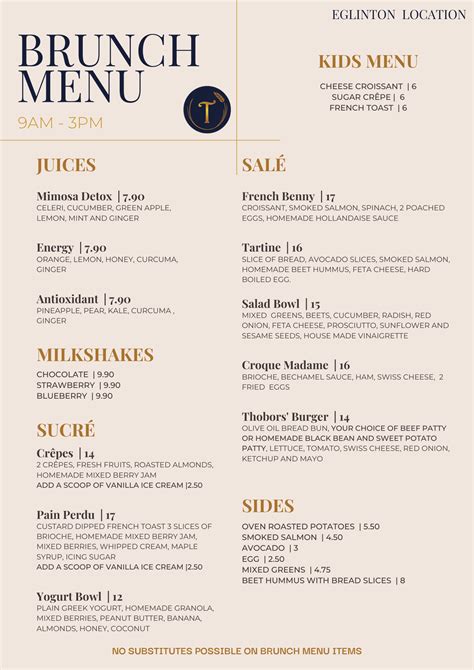 Brunch Menu Thobors Boulangerie Patisserie Café