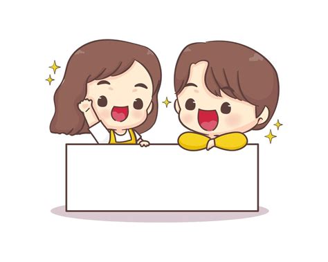 Cute Lovers Couple With Empty Space Or White Board Happy Valentine Chibi Cartoon Character