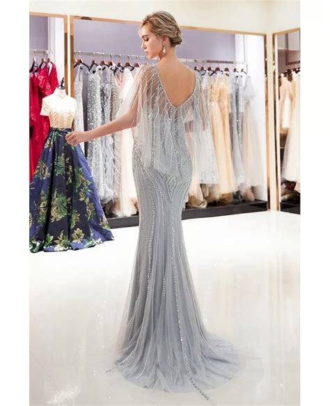 Silver Mermaid Long Beading Tulle Prom Dress With Cape Sleeves F018