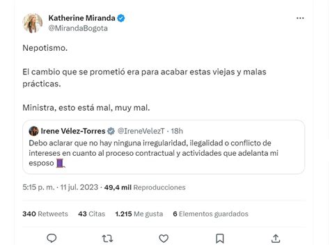 La Ministra Irene Vélez Justificó El Contrato De Su Esposo Y “le Dieron