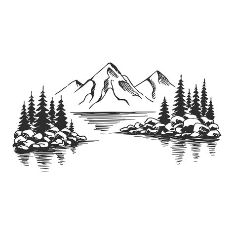 Mountain with pine trees and lake landscape black on white background ...