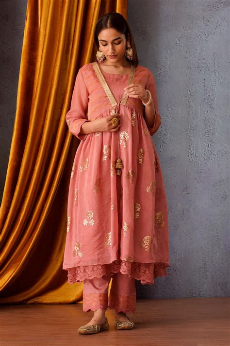 Buy Pink Chanderi Embroidered Sequin V Neck Jacket Pant Set For Women