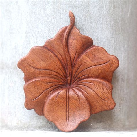 Balinese Hand Carved Hibiscus Flower Wood Relief Panel Single