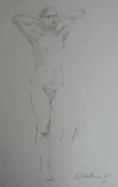 ORIGINAL PENCIL LIFE Drawing Of A Male Nude Model In A Standing Pose