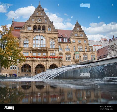 The old Bielefeld town hall from below with the fountain in the ...