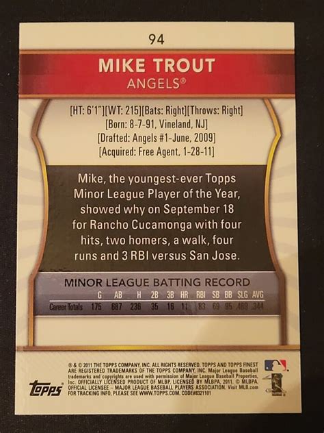 2011 TOPPS FINEST MIKE TROUT 94 ROOKIE RC LOS ANGELES ANGELS FUTURE