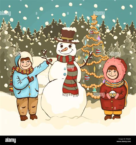 Children make snowman, cartoon colorful drawing, vector illustration ...