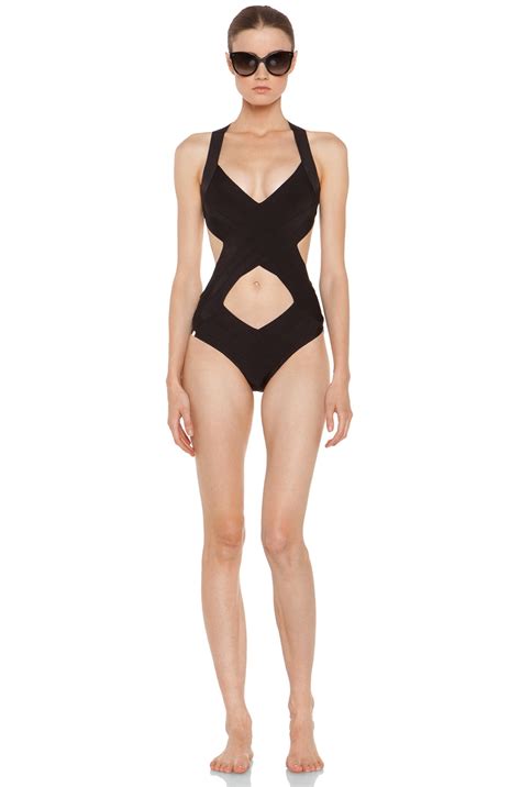 Herve Leger Criss Cross One Piece Swimsuit In Black FWRD