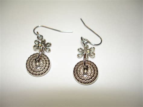 Silver Button Earrings Button Jewelry Dangle Button