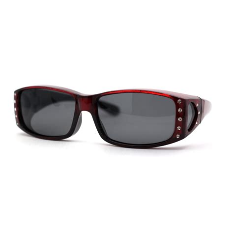 Sa106 Womens Rhinestone Polarized Lens Rectangular 60mm Fit Over Sunglasses Red Black