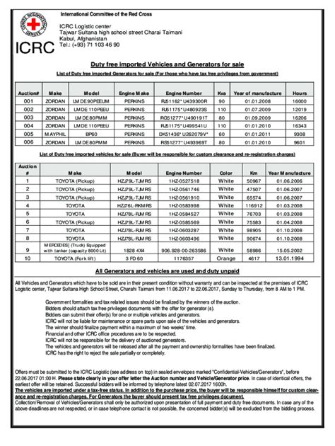 Fillable Online ICRC Vehicle And Generator For Sale Fax Email Print