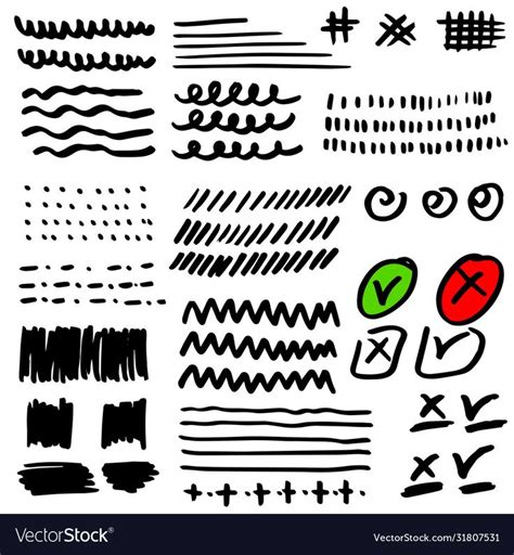 Set Of Hand Drawn Grunge Strokes Check Marks Lines Circles Spirals