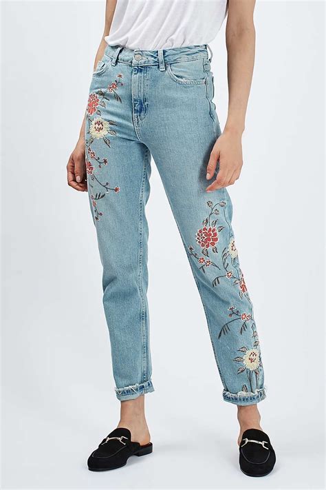 Moto Floral Embroidered Mom Jeans Embroidered Mom Jeans Women Jeans