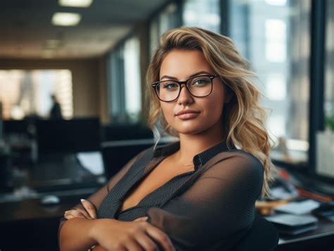 Premium Photo A Beautiful Blonde Woman In Glasses Sitting At An Office Desk