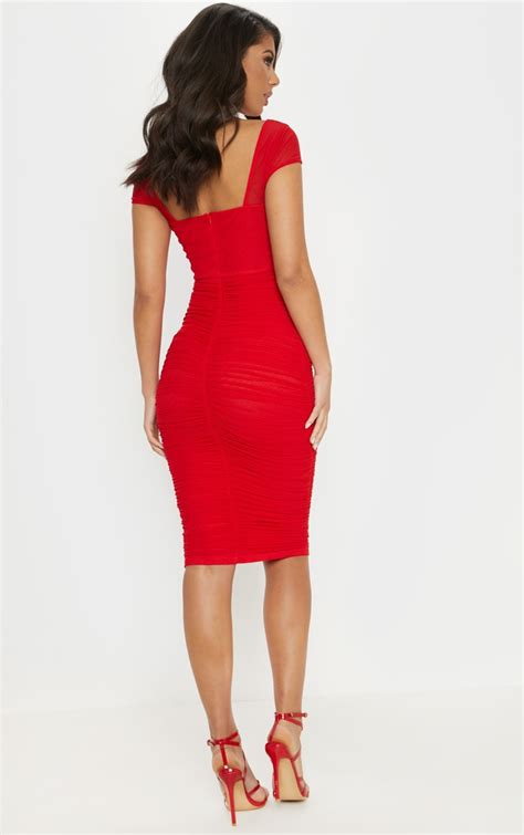 Red Mesh Ruched Midi Dress Dresses Prettylittlething Usa