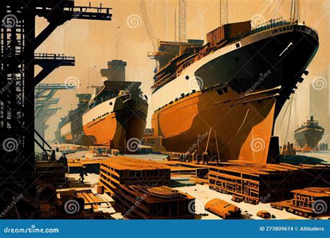 Shipbuilding Facility With Ships Of Various Sizes And Types In