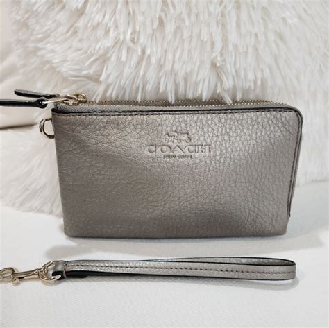 Coach Bags Coach Pebble Leather Double Zip Wristlet Metallic Pewter