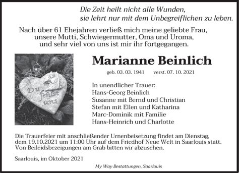 Traueranzeigen Von Marianne Beinlich Saarbruecker Zeitung Trauer De